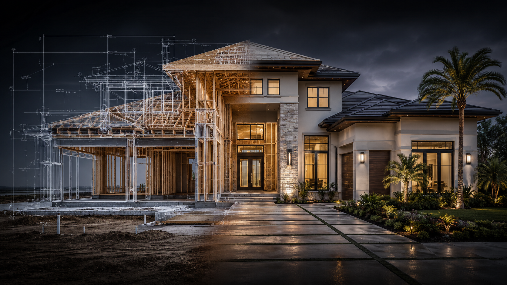 Modern Florida new construction home at dusk
